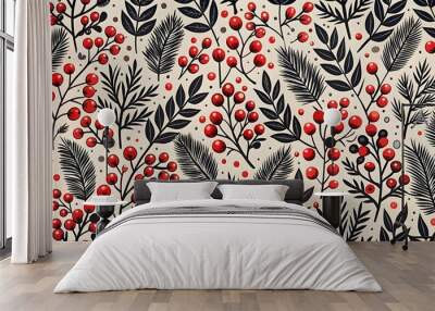 Black-red winter berries. Hand drawn floral seamless vector pattern. New year seamless pattern with branches, berries and flowers. winter holiday invitations, greeting cards, print. Wall mural