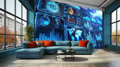 CG data analysis hud technology reports futuristic data search reports. 3D modeling. 3D modeling reports on CG analysis, HUD technology, and futuristic data search.  3D model featuring a futuristic  Wall mural