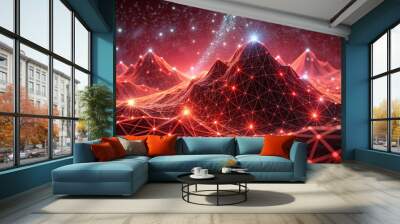 Digital representation of a network with interconnected lines and sparkling dots against a dark background. Futuristic background of dots and lines with a dynamic wave Wall mural