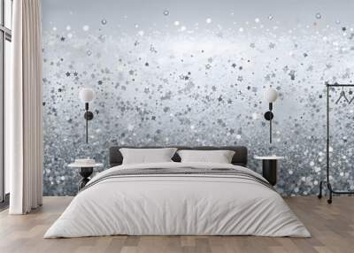 Elegant silver and white glitter sparkle confetti background border for a happy birthday, anniversary, winter, or Christmas background. The texture of the brilliant snow for the New Year's postcard. Wall mural