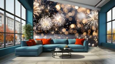 Gold and dark blue Fireworks and bokeh on New Year's Eve. Abstract background holiday. Gold fireworks Abstract background new year. Background with fireworks and bokeh lights, golden tone Wall mural