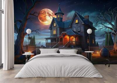 Halloween background with pumpkins and a haunted house. 3D render. Halloween background with Evil Pumpkin. Spooky scary dark Night forest. Holiday event Halloween background. Wall mural