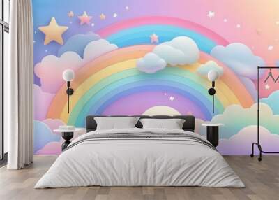 Holographic fantasy rainbow background with clouds and stars. Pastel color sky. Magical landscape, abstract fabulous pattern. Cute candy wallpaper Wall mural