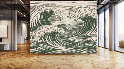 Sea waves sketch pattern. Ocean surf wave hand-drawn horizontal seamless pattern vector illustration Wall mural