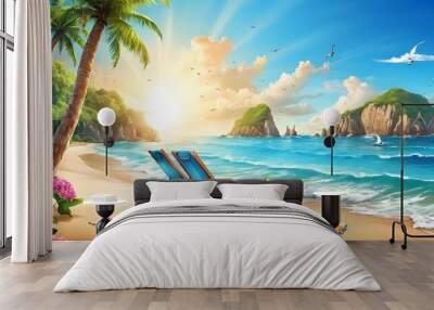 Summer beach background. Sandy seashore, sea coast with palm tree and vocation seaside travel vector cartoon backdrop illustration Wall mural