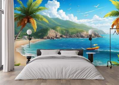 Summer beach background. Sandy seashore, sea coast with palm tree and vocation seaside travel vector cartoon backdrop illustration Wall mural