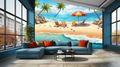 Summer beach background. Sandy seashore, sea coast with palm tree and vocation seaside travel vector cartoon backdrop illustration Wall mural