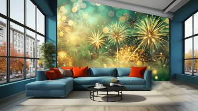 Vintage gold and green Fireworks and bokeh on New Year's Eve and copy space. Abstract background holiday. Festive background with golden particles on dark surface Abstract holiday backdrop Wall mural