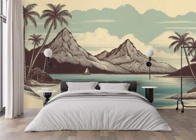 Vintage illustration of French Polynesia tropical islands with palm trees. Tropical sandy ocean beach with palm trees vintage toned with film distress flare.  Wall mural