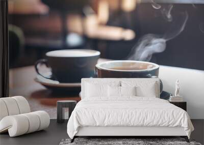 Closeup image of two blue cups of hot latte coffee and Americano coffee on vintage wooden table in cafe Wall mural