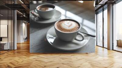 Closeup image of two white cups of hot coffee on table in cafe Wall mural