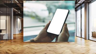 Mockup image of a woman's hands holding and using black mobile phone with blank screen while sitting in the airport Wall mural