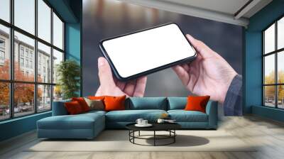 Mockup image of hands holding black mobile phone with blank white screen  horizontally Wall mural