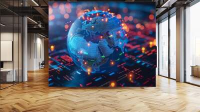 Global Content Marketing Content pieces orbiting a 3D globe, symbolizing distribution Wall mural