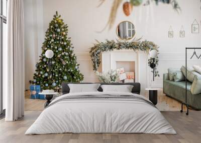 New Year's and Christmas! Beautiful decorations for Christmas, fireplace, tree, toys, gifts, cones, festive lights. Wall mural