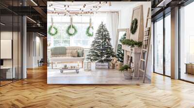 New Year and Christmas 2018. Beautiful, bright, spacious, decorated, Christmas apartment with a fireplace, a large beautiful tree and a huge window. Wall mural