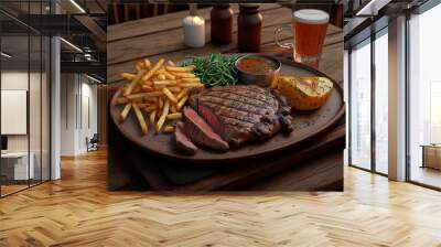 Delicious freshly cooked steak with garnish and french fries. Generative AI Wall mural