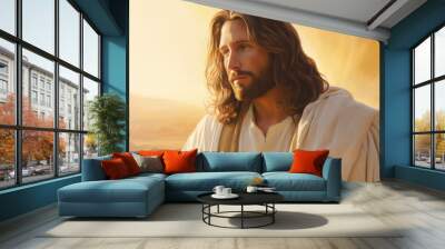 Embrace tranquility with this serene sunset portrait of Jesus Christ. Ideal for bringing a touch of peace and spirituality to any setting, perfect for religious and inspirational publications. Wall mural