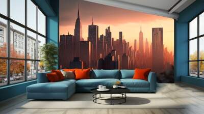 Manhattan skyline, New York at sunset. Generative AI Wall mural