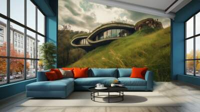 Organic futuristic house embedded into a grassy hill. Generative AI Wall mural