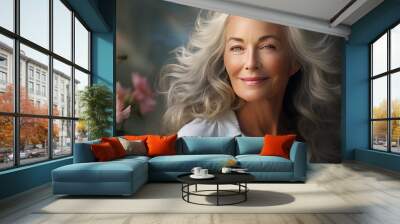 Portrait of a beautiful mature woman. With long white hair, she poses in a natural way. Wall mural