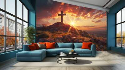 Sacred Crucifix Silhouette Against a Dramatic Sunset Sky Signifying Redemption and Faith Wall mural