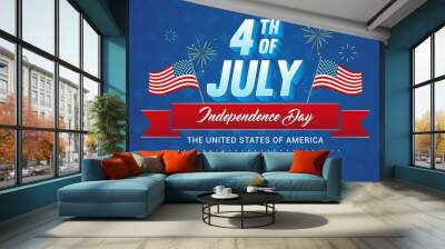 4th of July (USA Independence Day) vector illustration. Typography with fireworks and flag waving on blue stars pattern background.  Wall mural