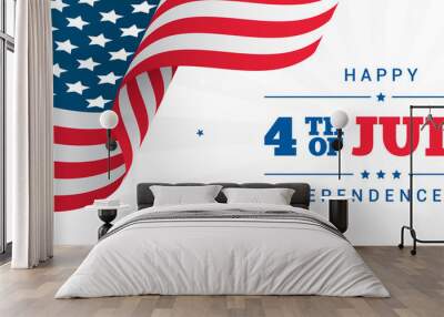 4th of July Banner Vector illustration, USA flag waving with stars on white rays background. Wall mural