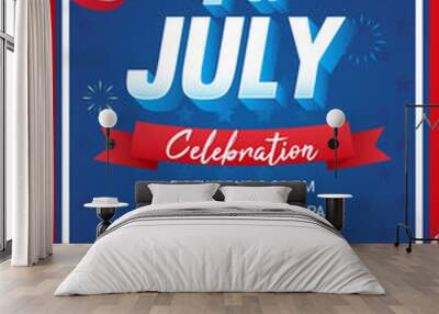 4th of July poster templates Vector illustration, USA flag waving frame with fireworks on blue star pattern background. Flyer design Wall mural