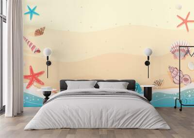 Beautiful sandy beach and seashells with copy space vector illustration. Summer beach background Wall mural