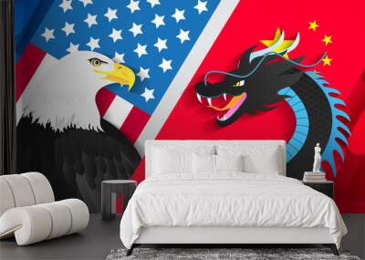 Eagle VS Dragon Vector illustration. Economic trade between USA and China concept. Wall mural