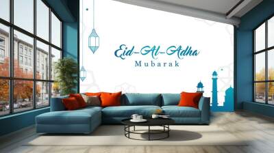 eid al adha mubarak background vector illustration, beautiful mosque with arabic lanterns, muslim co Wall mural