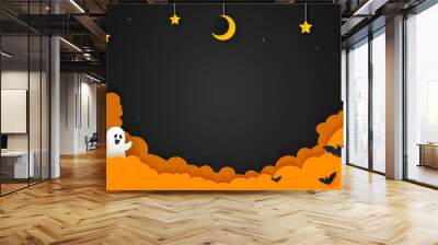 Halloween Night Background Vector illustration. Spooky ghost with night sky, paper art style Wall mural