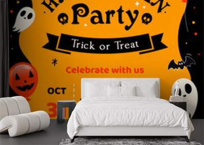 Halloween Party invitation poster vector design. Spooky ghost frame Wall mural