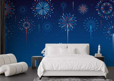 Happy 4th of July, Independence day vector illustration. Beautiful fireworks celebrations in the night starry sky Wall mural