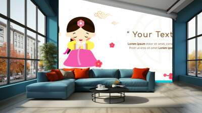 Seollal (Korean lunar new year ) banner vector illustration, Kids in Korean traditional costume with red Plum blossom.  Wall mural