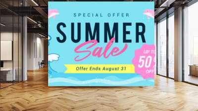 Summer sale promotion banner vector illustration. Big wave surfing with pink dolphin jumping Wall mural