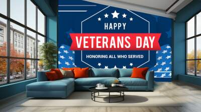 Veterans Day Banner Vector illustration, Honoring all who served. US flag waving in vintage frame Wall mural