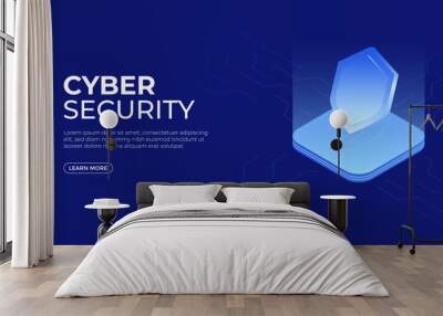 Isometric cyber security vector illustration of digital protection mechanism, system privacy. Data secure. Web crime or virus attack. Symbol of protection Wall mural