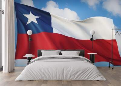 Portrait of Chile's National Flag blowing in the blue sky background. The symbol of Chile's Independence Day, Republic Day, and holiday photo-realistic Wall mural