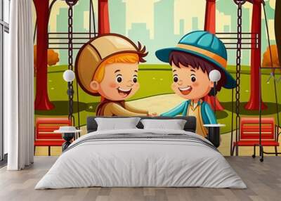 2 cute Child in park with shaking hands and the swing. AI generated Wall mural