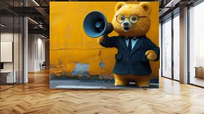 adorable and Fashionable bear Wearing tuxedo and Sunglasses Holding Megaphone Against yellow Background	 Wall mural