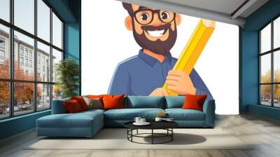 adorable cheerful cartoon male teacher holding an oversized pencil, smiling confidently, with a playful and vibrant style, drawn against a clean white background Wall mural