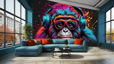 cute orangutan wear sunglasses with powder explosin background Wall mural