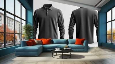 modern grey long sleeve polo shirt mockup with front and back views isolated clean white background Wall mural