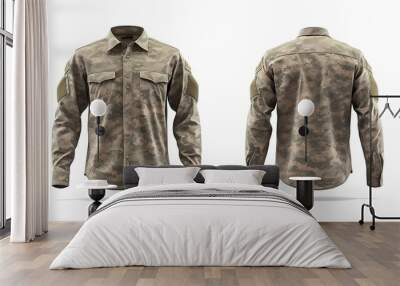 stunning dynamic soft brown Camouflage army uniform shirt, long sleeve mockup with front and back views isolated clean white background Wall mural