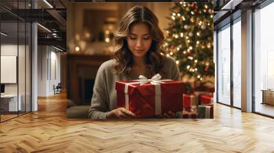 woman with christmas present Wall mural