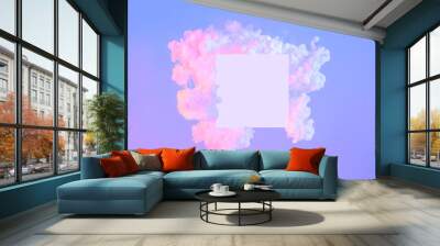 Creative abstract neon background with copy space. Empty white square and clouds made from white paint in blue or violet and pink light. Fluid creative composition. Trendy minimal frame concept. Wall mural