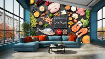 Fodmap diet concept. Low fodmap ingredients - poultry meat, fish, seafood, vegetables and fruits and words Fodmap in center, on dark background. Top view or flat lay. Wall mural