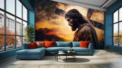 Jesus carrying the cross of suffering that symbolizes  Wall mural